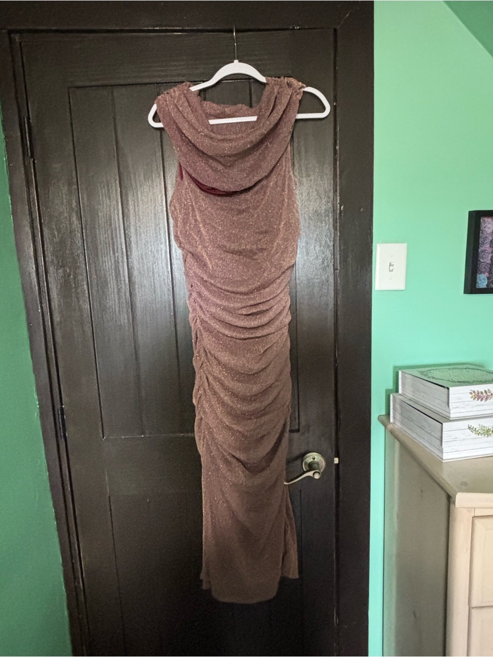 Express Sparkle Bronze Cowl Ruched Maxi Dress